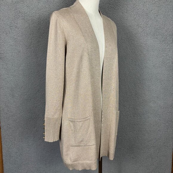 JM Collection Core Cardigan Small Champagne Lurex Open Front With Pockets & Butt - Picture 2 of 8